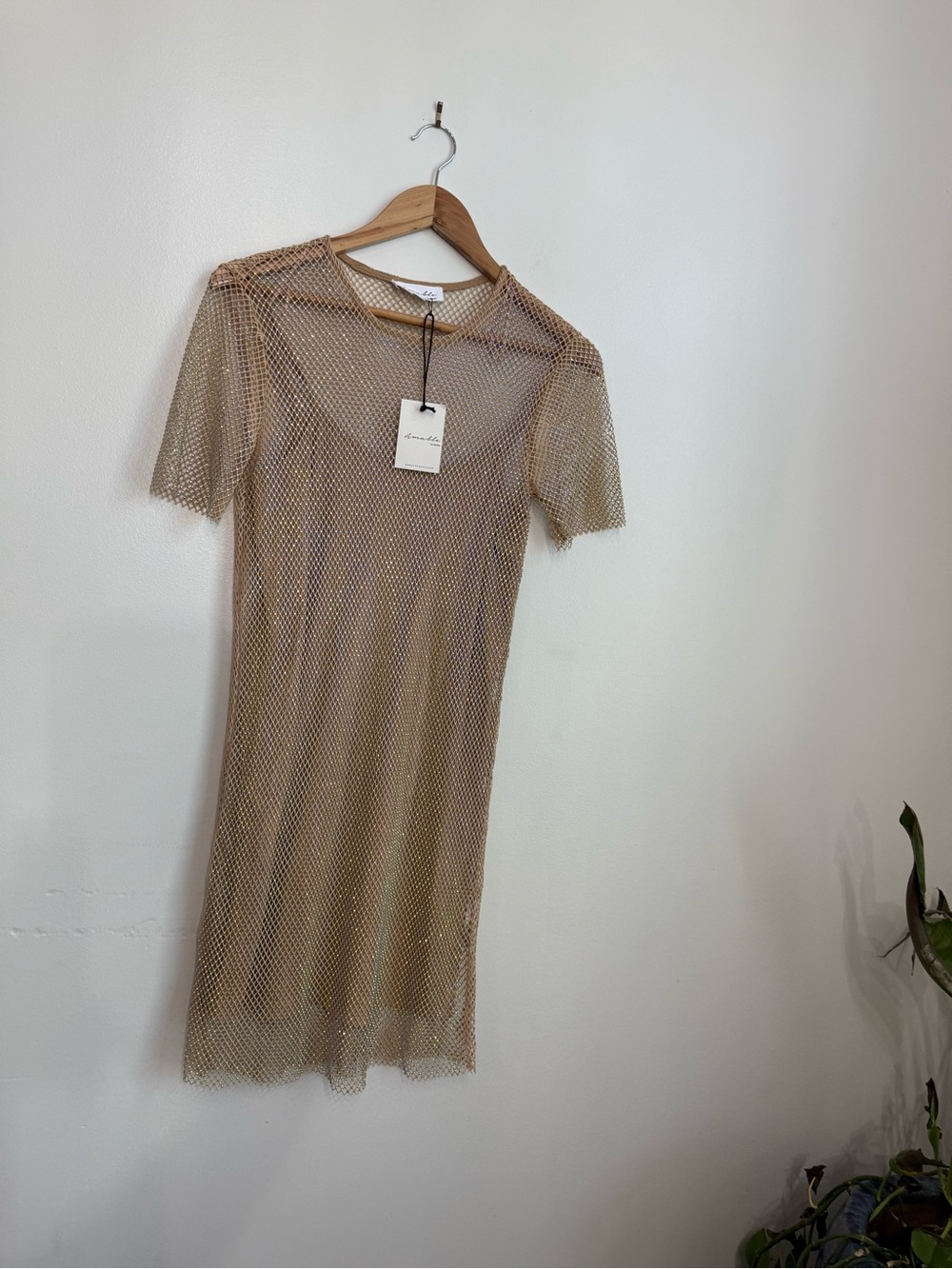 MARBLE Sheer Mesh Short Sleeve Dress in Beige